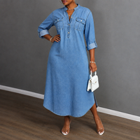 Gaun Kemeja Wanita Elegan Vintage Kasual Denim Polos Panjang Lantai Kancing Tunggal Ramah Lingkungan Ukuran XL Grosir Wanita