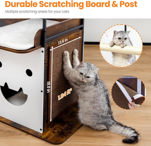 Wood Modern <b>Cat</b> <b>Tree</b> Tower Tall Wooden <b>Cat</b> <b>Trees</b> with Big Perch Bed, Multi-Level Condo with Scratching Board Posts - Product Image 3