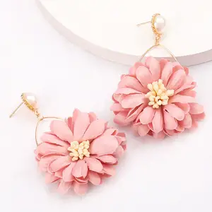 2022 Hot Sale Korean Colorful Flower Earrings Charm Cloth Statement Earrings Vintage Pearl Earrings for Girls