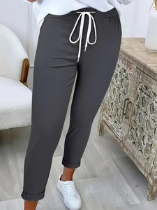 Pantalon court pour <span class=keywords><strong>femme</strong></span>, <span class=keywords><strong>taille</strong></span> <span class=keywords><strong>élastique</strong></span> avec cordon de serrage, ourlet retroussé, coupe fuselée, décontracté, pour le quotidien et les loisirs - Product Image 5