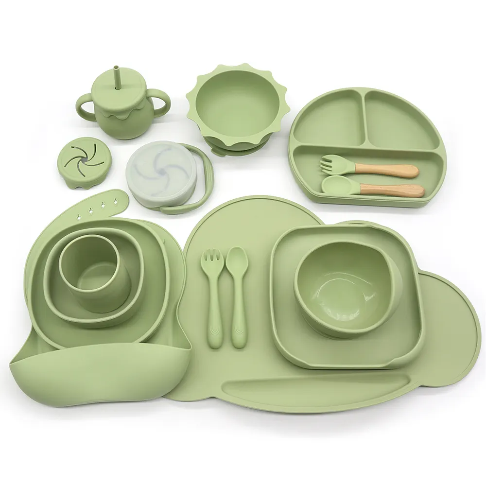 BPA miễn phí bé Non-Slip trẻ em cai sữa bé ăn Bộ hút trẻ em ăn uống Silicone bé cup BIB muỗng tấm bát