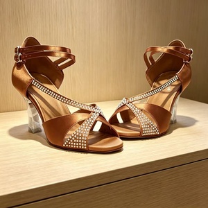 Brown Rhinestons Salsa Latin Dance Shoes Mid Heel <strong>Samba</strong> Tango Jazz Wedding Dancing Sandals Shoes for Women - Product Image 1