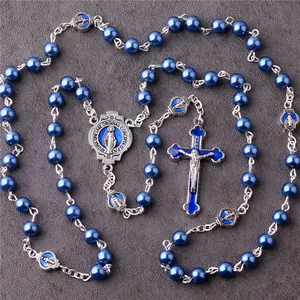 2022 New Customized Religious Jewelry Items Catholic Virgin Mary Chain Rosary 6mm Blue Glass Pearl Beads Rosario Women Necklaces