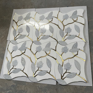 Hochwertige Wasserstrahl-Marmor-Mosaikfliesen Modernes Blumenmuster Kombiniert mit Parkettdesign für Hotel-Innenwanddekoration - Product Image 1