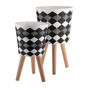 Supporti moderni per piante con vasi in resina scanalata per piante da interno ed esterno, gambe in legno di faggio, vasi per fiori, decorazioni per la casa - Product Image 2