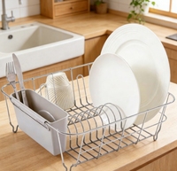 Égouttoir de cuisine sur pied en métal chromé avec plateau de drainage et organisateur pour couverts, tasses et ustensiles
