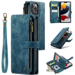 Caseme PU Leather Wallet Case with Card Holder for iPhone 15 Pro Max Flip Zipper Purse Wristlet Strap Kickstand Phone Cas