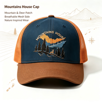 Casquette Trucker en Maille Bicolore avec Broderie Scène Forêt et Cerf de Montagne, Montagnes et Maison, pour le Camping, la Chasse, les Activités de Plein Air et l'Aventure en Nature