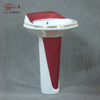 Vente chaude Design Moderne Rouge Sanitaire Salle De Bains Lavabo Ovale Lavabo Piédestal Bassin Monotrou Robinet Montage pour Hôtels