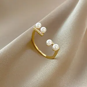 Elegan mutiara bulat Zircon cincin terbuka mode sederhana untuk wanita gadis pesta aksesoris perhiasan