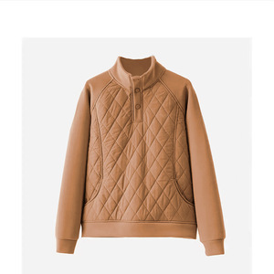 Women's Long Sleeve Stand Collar Quilted Sweatshirt Diamond Pattern Warm Knitted Top Green Light Gray Pink - Product Image 4