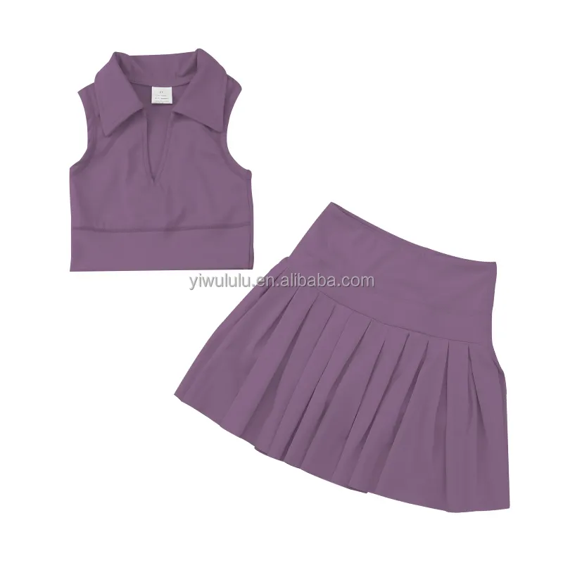 Conjunto de faldas plisadas de Color púrpura claro Conjunto de dos piezas de estilo de moda superior corto multicolor personalizado para niñas pequeñas 2023
