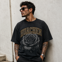 T-shirt Boxy Personnalisé 230GSM Délavé à l'Acide, Impression Sérigraphique Effet Craquelé Rose Gothique Double Artisanat, Broderie Dorée, Fabricant OEM Marque Privée