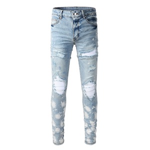 Jeans skinny stretch pour hommes, bleus, de haute qualité, effet usé, style motard, avec trous aux genoux, personnalisables avec patchs, vente en gros - Product Image 1