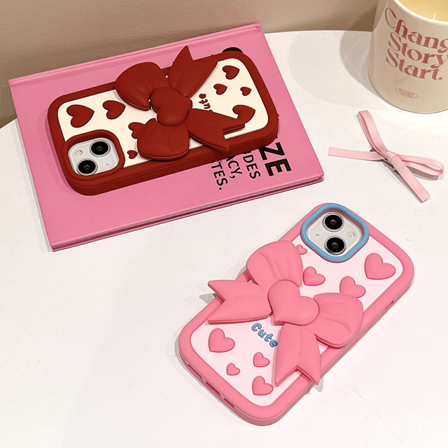 Girl Heart Cute Silicone 3D Three-dimensional Love Butterfly Bow Holder Phone Case Suitable for iPhone 13 14 15 16 case