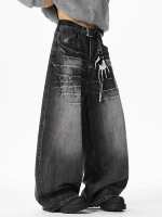 Nouveau jean streetwear foncé pour homme, déchiré, effet vieilli, ample, pantalon décontracté streetwear à jambes larges