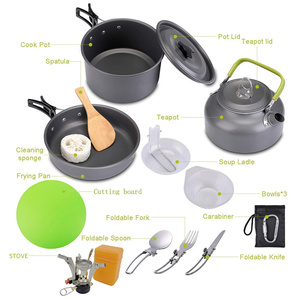 Olla Sartén Hervidor Tazas de acero inoxidable Tenedor ligero Cuchillos Cuchara Platos Cocina al aire libre Mochilero Camping Picnic Utensilios de cocina Mess Kit - Product Image 2
