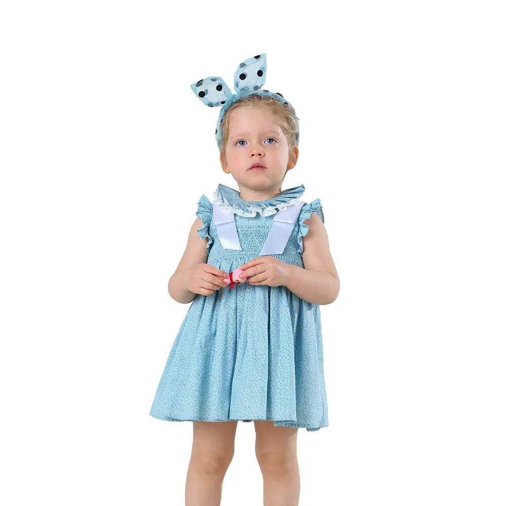 Boutique Wholesale Blue Floral Smocked Satin Bow Cotton Baby Girl Dress Kids Clothing