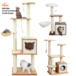 Menara pohon kucing Modern 65 ", untuk dalam ruangan kucing kayu tinggi Kondominium dengan tempat tidur gantung tiang goresan dan bantalan yang dapat dilepas untuk kucing kecil besar - Product Image 1