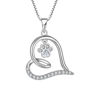 Yh Jewellery Fine Jewelry 925 Sterling Silver Cute Rhinestone Dog Paw Heart Pendant Necklace Women'S Gift