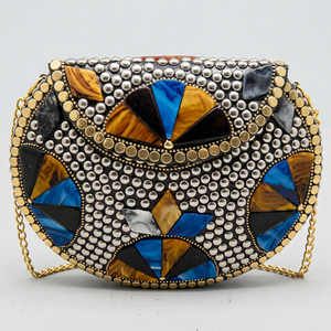 Premium Overseas Handmade Cut Stone Mosaic Polyester Classic Silver High Quality Evening <b>Clutch</b> Women Girls Bridal Party Falak - Product Image 1