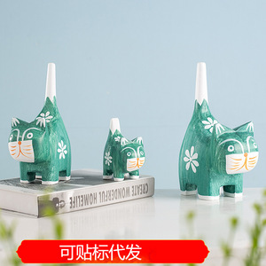 Figurines de famille de chats en bois sculpté, motif de plantes vertes, en pin, décoration pour la maison, ensemble de trois pièces pour le salon - Product Image 5