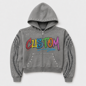 Sudadera con capucha personalizada de 500 g/m² con lavado vintage, cremallera, bordado floral, apliques de diamantes de imitación, estilo urbano, logotipo personalizado para hombre. - Product Image 3