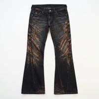 DIZNEW Jeans imprimés noirs taille basse évasés, effet délavé cuivre laser, motif plume, rune, totem, plante, DIZNEW EST 2024, effet moustaches, personnalisé OEM