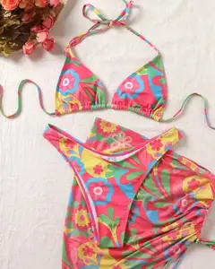 Roupa de banho feminina, vestidos de praia de tecido estampado, novidade de 2023, moda praia, biquíni de três peças