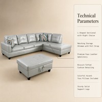 Canapé d'angle capitonné en similicuir gris argenté avec ottoman de rangement pour salon, vente en gros, directement de l'usine