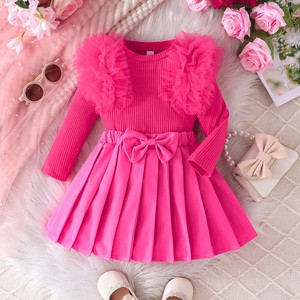 ชุดเสื้อผ้าเด็กผู้หญิง ชุดน่ารักสไตล์เจ้าหญิง ผ้าขนสัตว์ผสม แต่งลายทางหวานๆ แขนยาว ผ้าตาข่าย โบว์ผูกเอว กระโปรงสั้นจีบระบาย ระบายอากาศได้ดี - Product Image 2