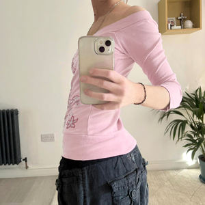 Camiseta de Punto con Estampado Floral Vintage Dulce y Fresco, Manga Larga, Cuello en V, Suave, para Uso Diario - Product Image 4