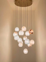 Lustre LED en Cuivre Massif Marbre Espagnol, Luminaire Long pour Escalier, Doré, Garantie 3 Ans, Design Minimaliste, Villas Duplex