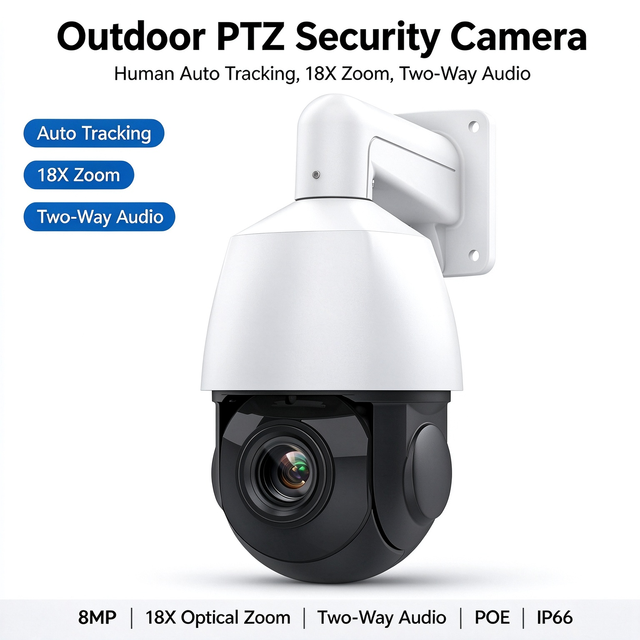 Outdoor PTZ PoE IP Camera 18X Optical Zoom Human Auto Tracking Detection Two-Way Audio IP66 Surveillance