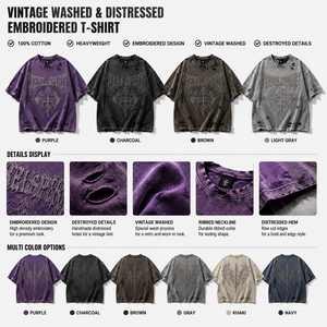 Camiseta Vintage Lavada y Desgastada con Bordado para Hombre, Estilo Urbano Oversize, Algodón Pesado, Logotipo Personalizado OEM ODM, Camiseta de Moda - Product Image 2