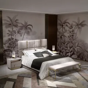 イタリアンジニーモダンヴィラハイエンドレザーダブルベッドソフトスタイル、木製フレーム付き寝室の雰囲気