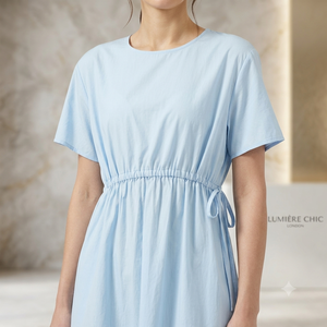 Light Blue Crew Neck Modern Knee-Length Streetwear Breathable <b>Dress</b> Drawstring Elastic Waist Short Sleeve Casual Summer Woven - Product Image 1