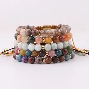 High Quality Natural Stone Gold Plating Stainless Steel Beads Gemstone Macrame Bracelet Women JBS12626