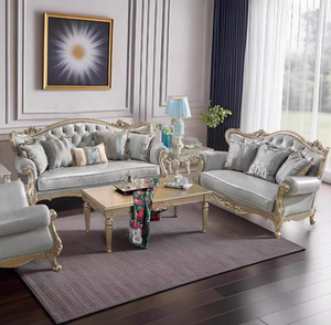 Sofá de Cuero Europeo Clásico Tallado en Madera, Muebles de <span class=keywords><strong>Sala</strong></span> de Estar de Madera Maciza Francesa de Lujo, Combinación 1+2+3, Gran Venta - Product Image 4
