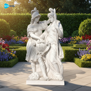 Statua di guerriera in marmo naturale puro scolpita a mano con scudo e compagna, scultura da esterno per giardini - Product Image 6