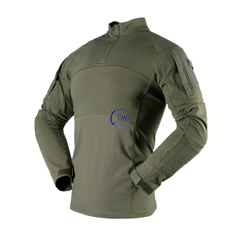 Camisa de caza táctica de Color Oliva de secado rápido ajustada elástica de manga larga de alta calidad para hombre