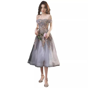 Elegant Off The Shoulder Glitter Chiffon A Line Evening Dress Grey Empire Waistline For Banquets Birthday Parties Princess Style - Product Image 5