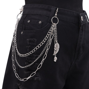Cadena de pantalón metálica multicapa yueliTrendy con colgante de calavera y plumas, cadena de cintura punk para moda casual - Product Image 2