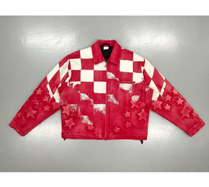 Men's Oversize Red Checkerboard Denim Bomber <b>Jacket</b> <b>Star</b> Embossed Acid Wash Streetwear Casual Loose Fit Waterproof Winter - Product Image 1