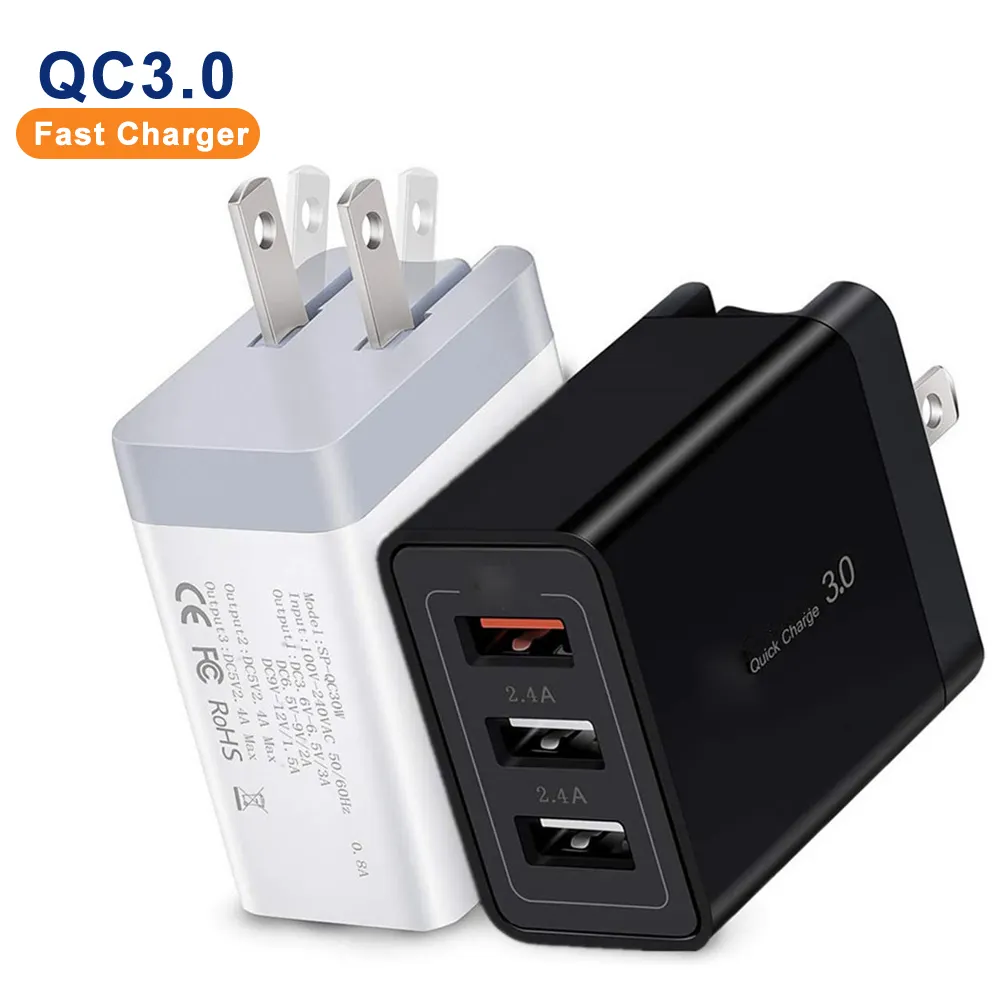 US Plug 3 Port USB Hub Wall Charger Adapter QC 3.0 and Dual 2.4A Fast Mobile Phone Charging Wall Home Chargers