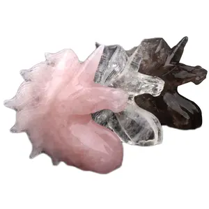 Grote Crystal Eenhoorn Standbeeld Clear Quartz Rose Rookkwarts Eenhoorn Hoofd Carving Figurine