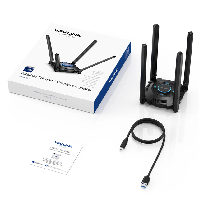 WAVLINK AX5400 Tri-band USB External WiFi Adapter PC 2.4/5/6GHz 4 High Gain 5dBi Antennas Desktop Wireless Network Stock