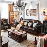 Ensemble de canapés en cuir véritable de style américain rétro en bois massif, cuir de vachette première couche, rembourrage en éponge haute densité et latex, pour salon