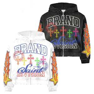 Brand Saint Division <b>Zip</b>-<b>Up</b> <b>Hoodie</b> Unisex Crop Length Streetwear Printed Cross Flame Design White Black Oversized Fit <b>Hoodie</b> - Product Image 4
