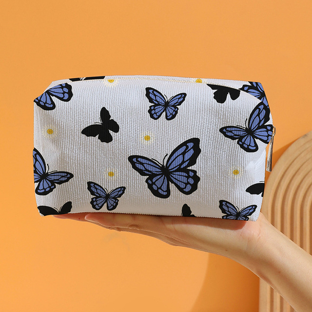 Popular Women's Blue Butterfly Makeup Bag Corduroy Storage Bag Octagonal Zipper Large Polyester Cosmetic Storage Pouch